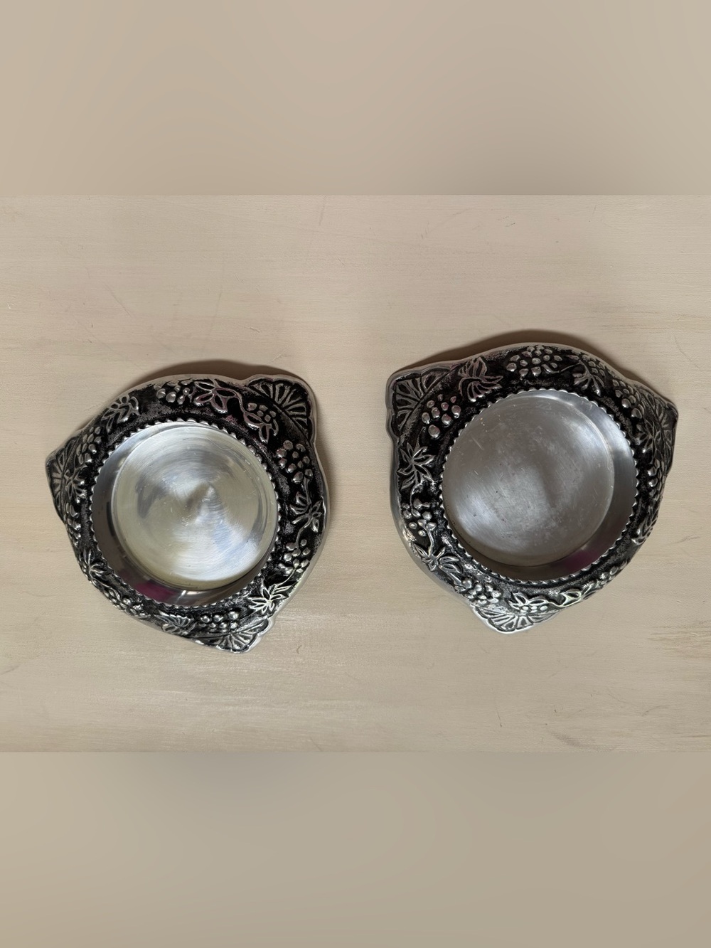 Decorative Floral Accent bottle or candle holder or decor dish-pewter set of 2